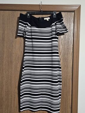 Michael Kors Blue & White Striped Off-Shoulder Dress